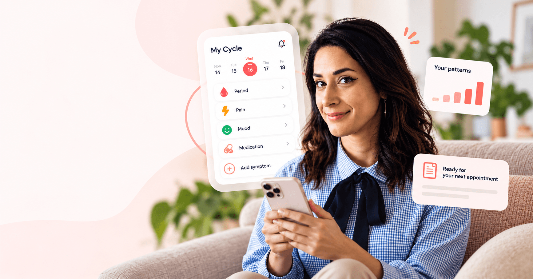A woman using a phone beside cycle tracking and appointment-ready health summaries